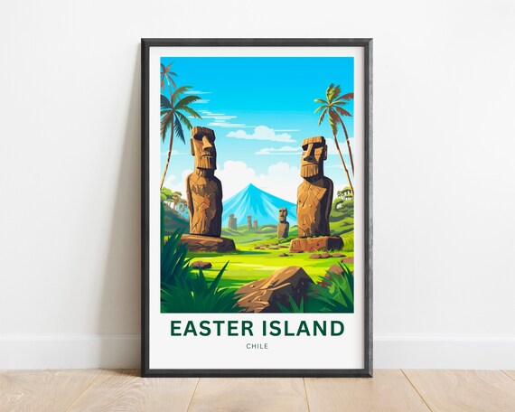 Easter Island Chile Moai Statues Stone Heads Pacific Travel Poster