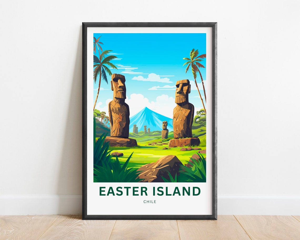 Easter Island Chile Moai Statues Stone Heads Pacific Travel Poster