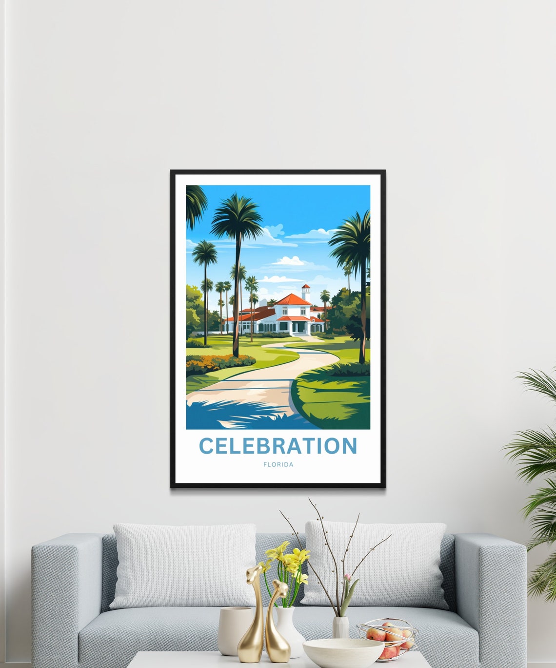 Celebration Florida Palm Trees White Manor Path Garden Travel Poster - Image 4