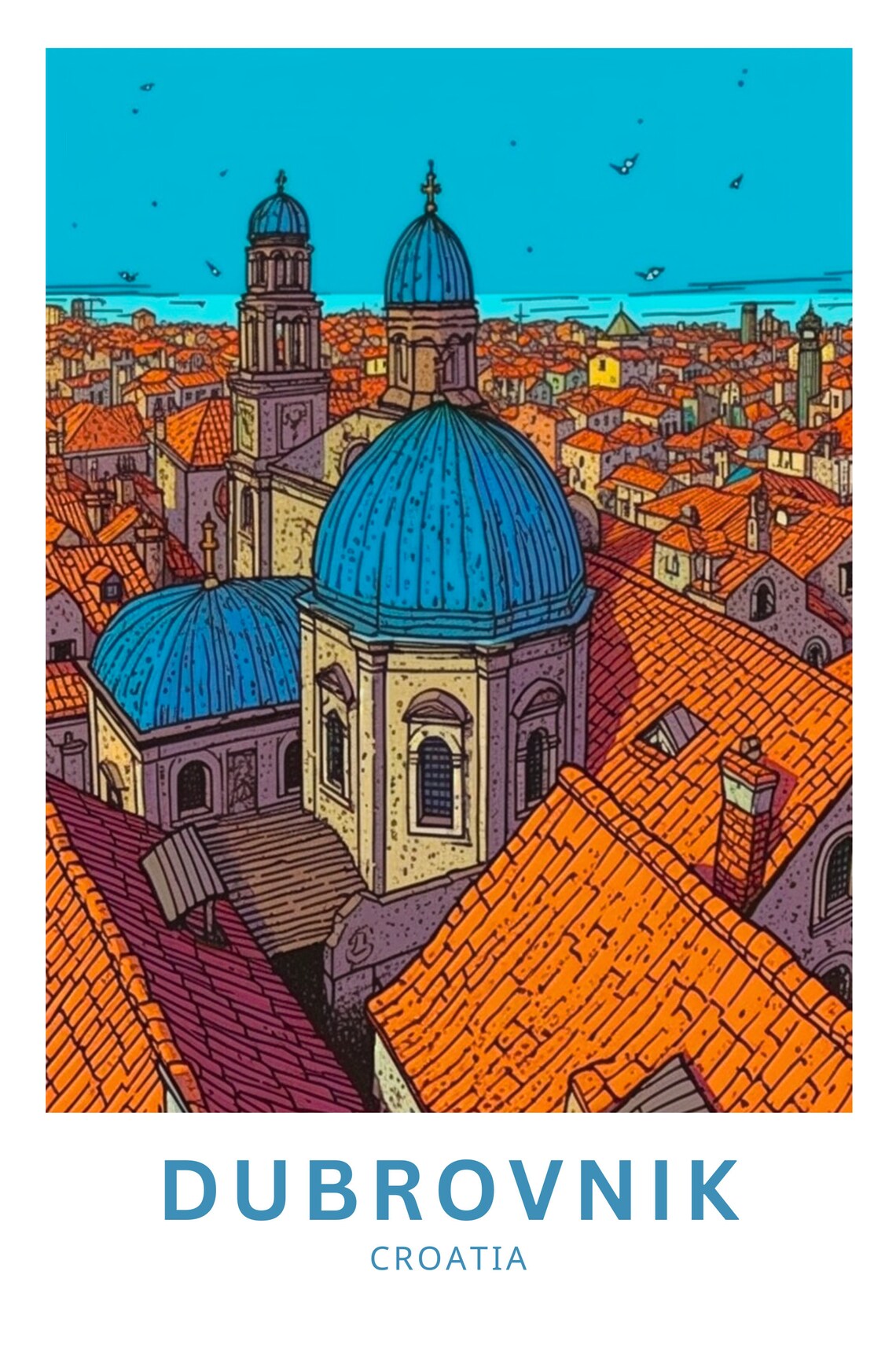 Dubrovnik Croatia Blue Church Domes Old Town Rooftops Poster - Image 5