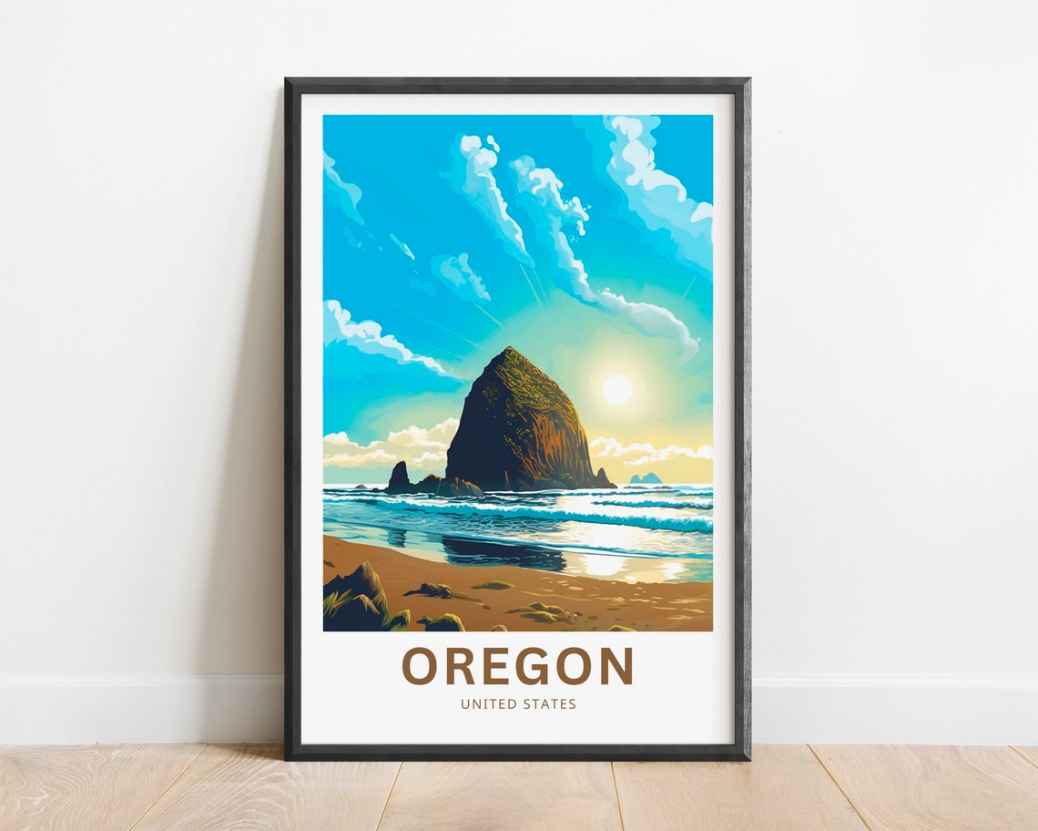 Oregon Coast Sea Stack Golden Sunset Ocean Vintage Travel Poster