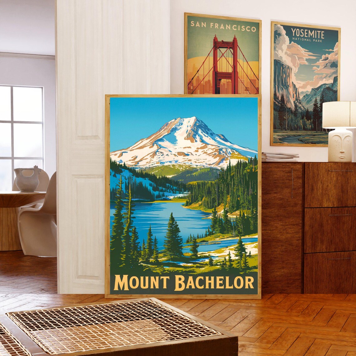 Retro Mount Bachelor Oregon Snowy Peak Lake Pines Travel Poster - Image 5