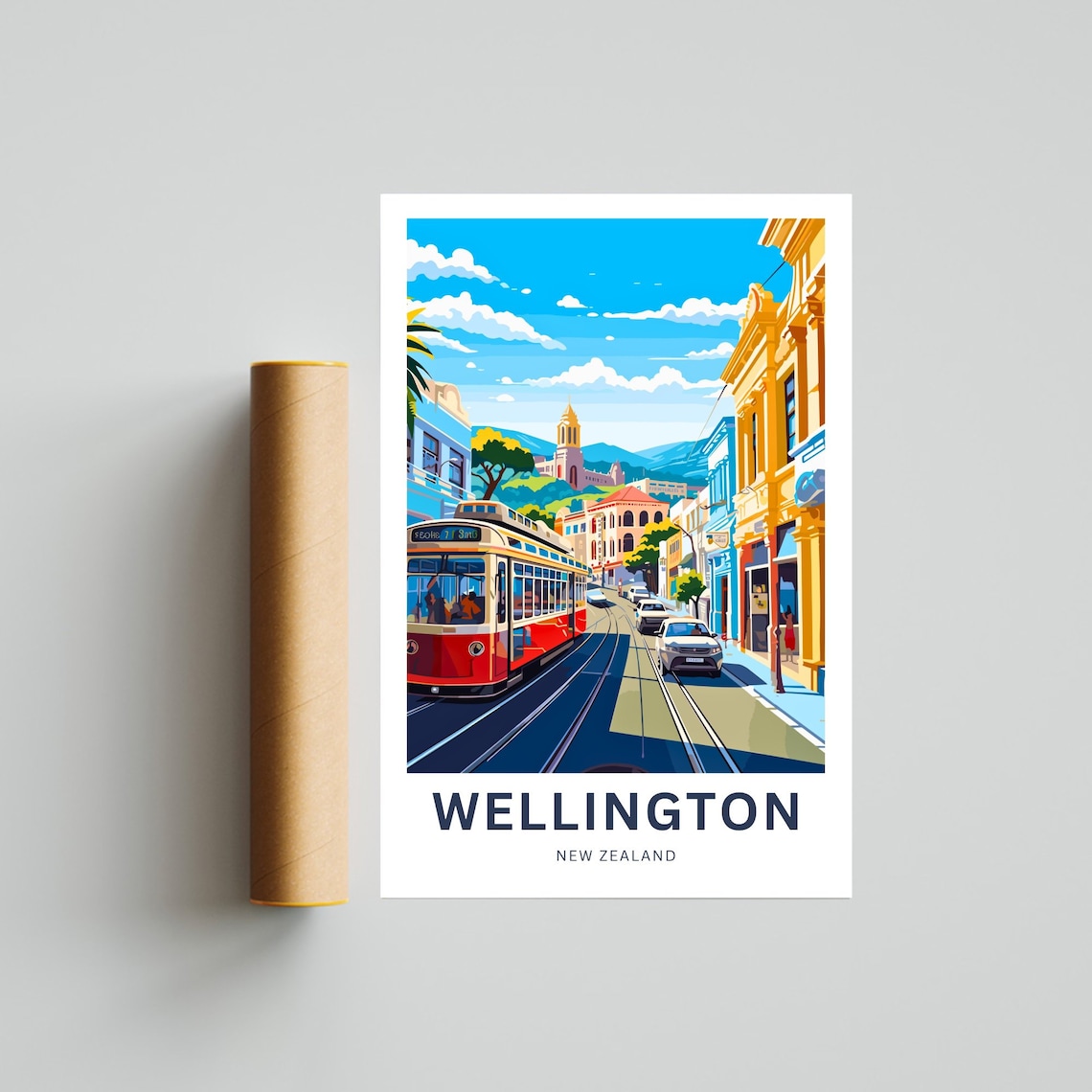 Wellington New Zealand Red Tram Busy Street Church Hill Travel Poster - Image 4