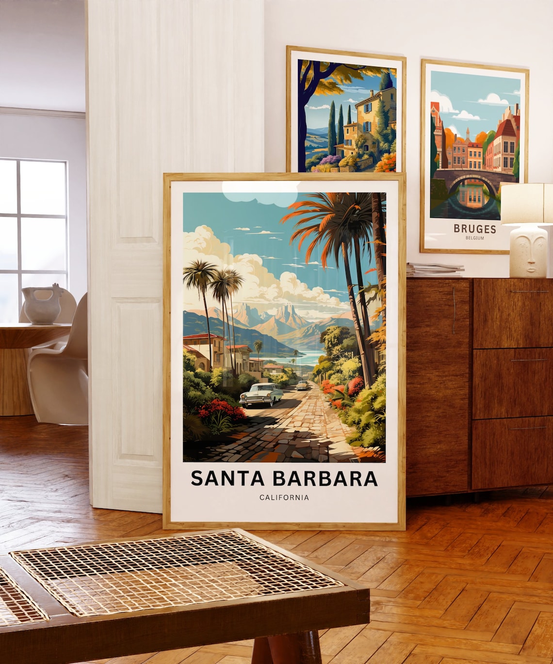 Santa Barbara California Palm Lined Street Vintage Cars Travel Poster - Image 5