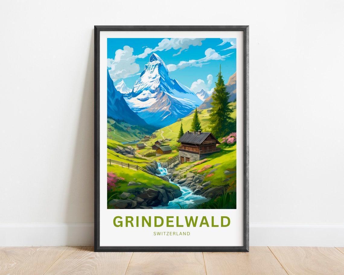 Grindelwald Switzerland Matterhorn Style Peak and Chalet Travel Poster
