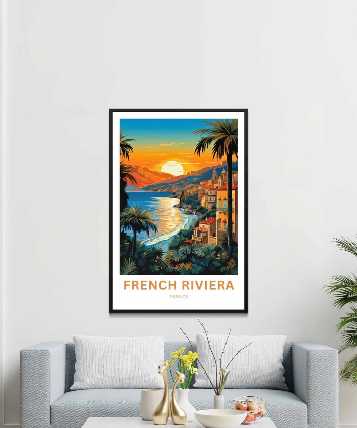 French Riviera France Sunset Over a Seaside Town Travel Poster - Image 3