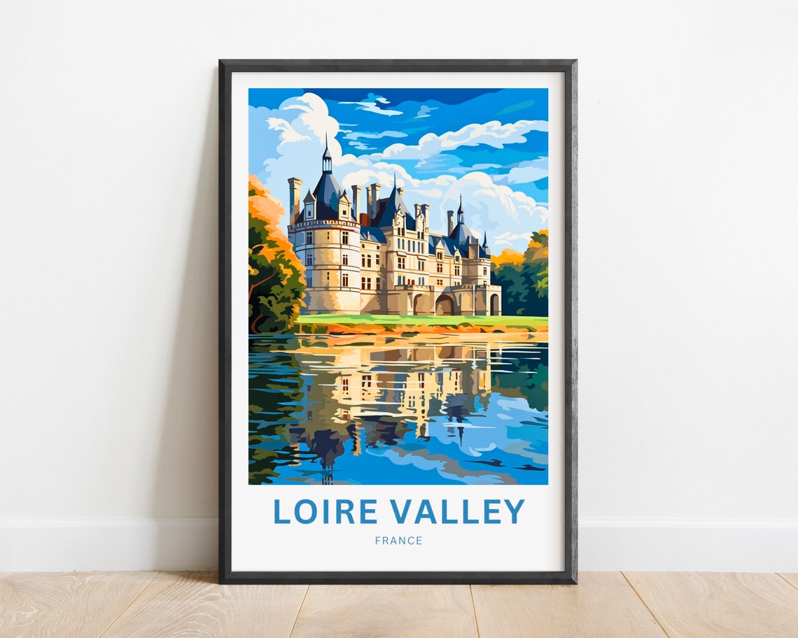 Loire Valley France Travel Poster Chateau Reflection River Artwork