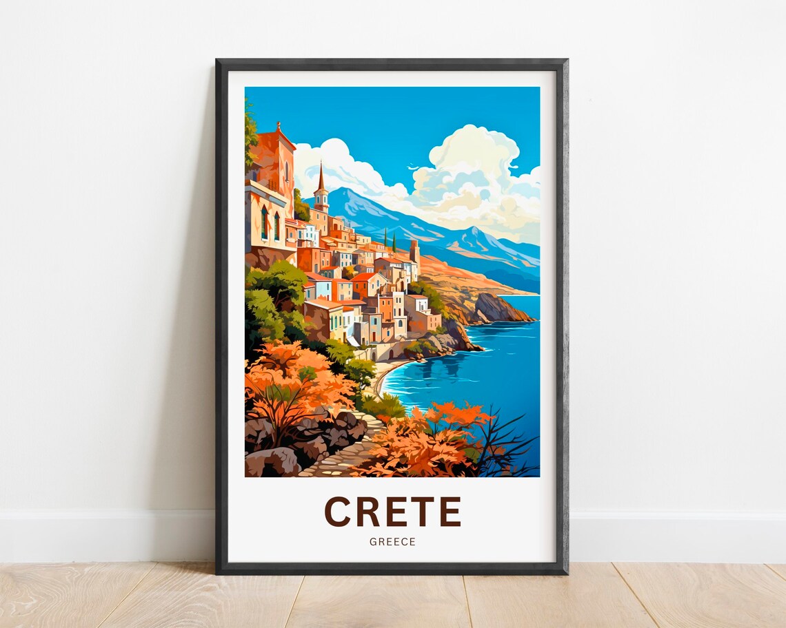 Crete Greece Hillside Village Sea Cove Mountain Travel Poster