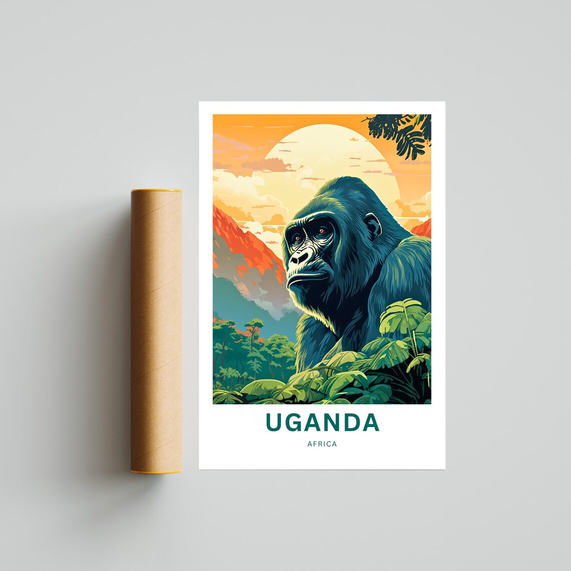 Uganda Africa Travel Poster Gorilla Jungle Portrait Sunset Mountains - Image 4