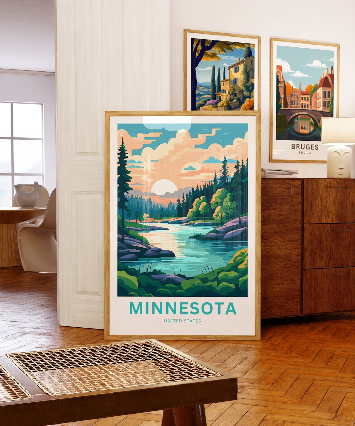 Minnesota United States Sunrise River Pine Forest Scene Poster - Image 5