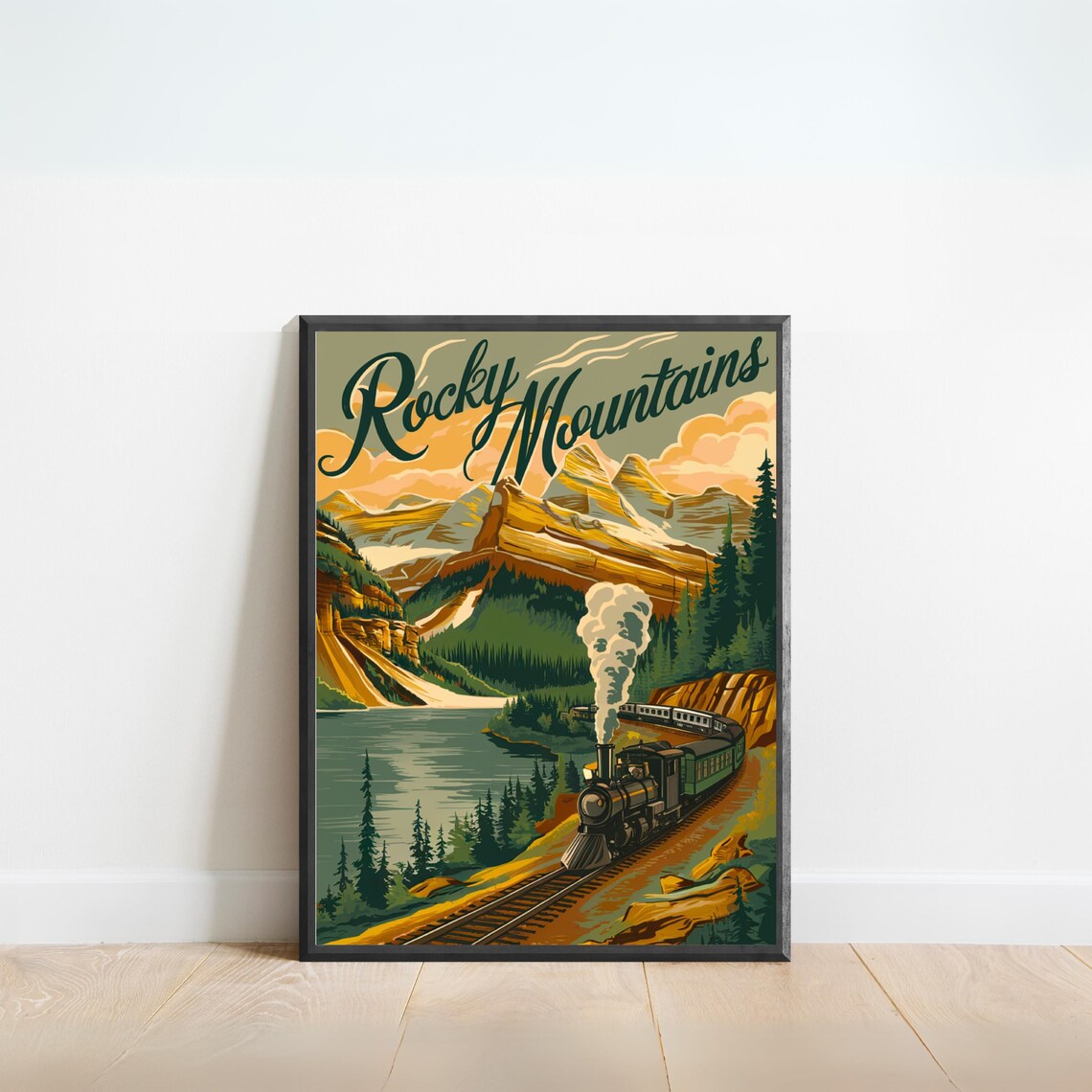 Rocky Mountains Vintage Steam Train Mountain Lake Travel Poster