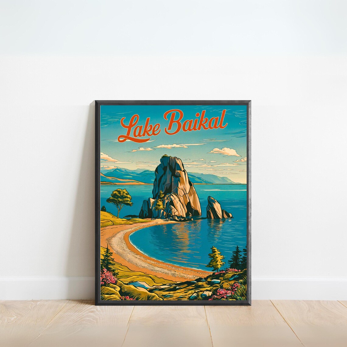 Lake Baikal Vintage Poster with Rocky Island in Blue Bay Art