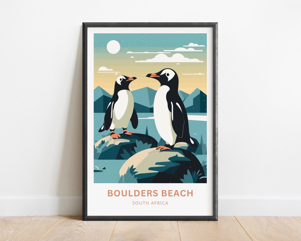 Boulders Beach South Africa Penguins Sunset Vintage Travel Poster