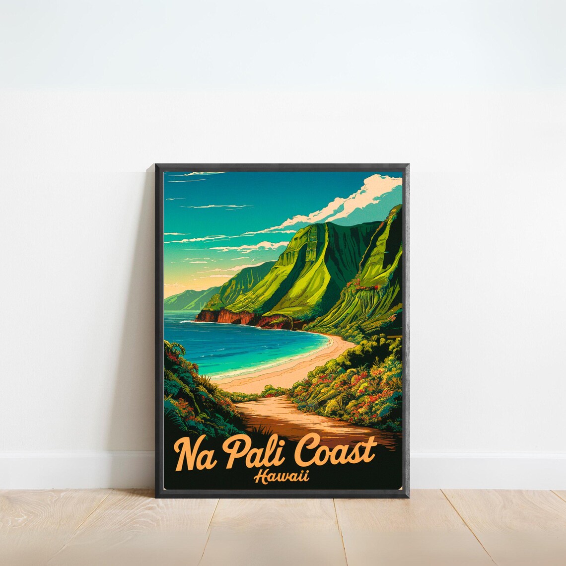 Na Pali Coast Hawaii Sea Cliffs Jungle Cove Vintage Travel Poster