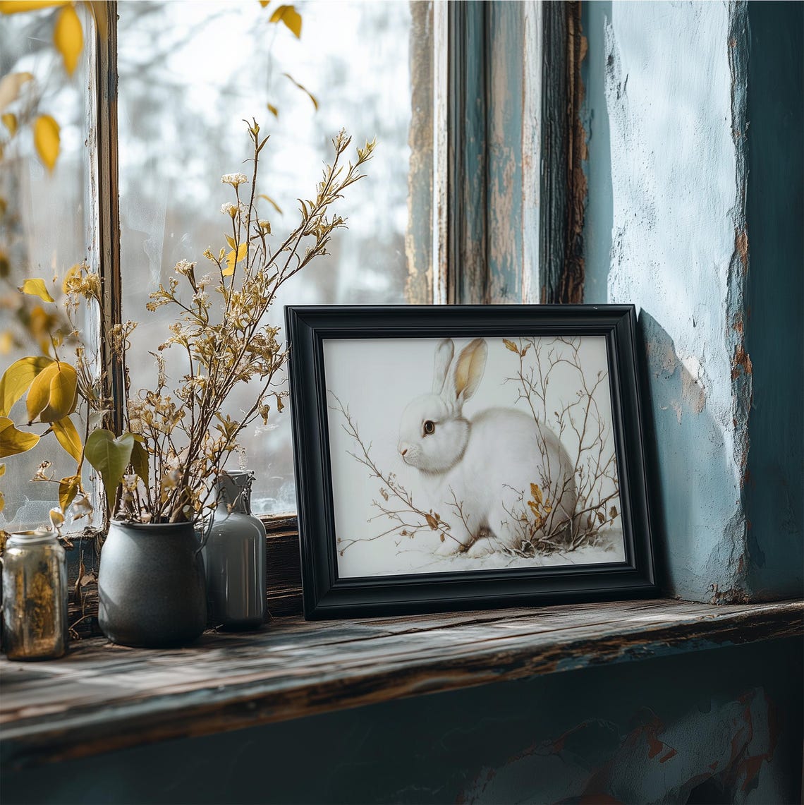 White Bunny Among Bare Winter Branches Minimal Neutral Wall Art - Image 4