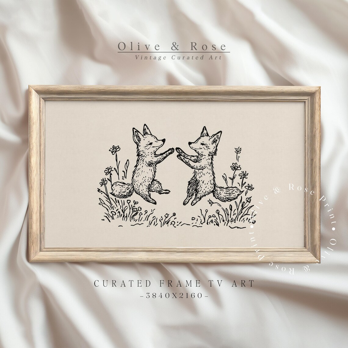 Two Dancing Foxes Black Ink Line Drawing Wildflowers Vintage Nursery Poster