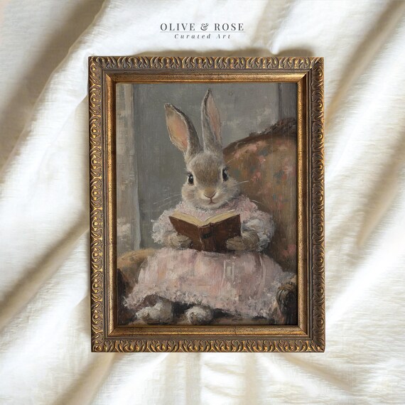 Bunny in Pink Dress Reading Book Floral Armchair Vintage Wall Art