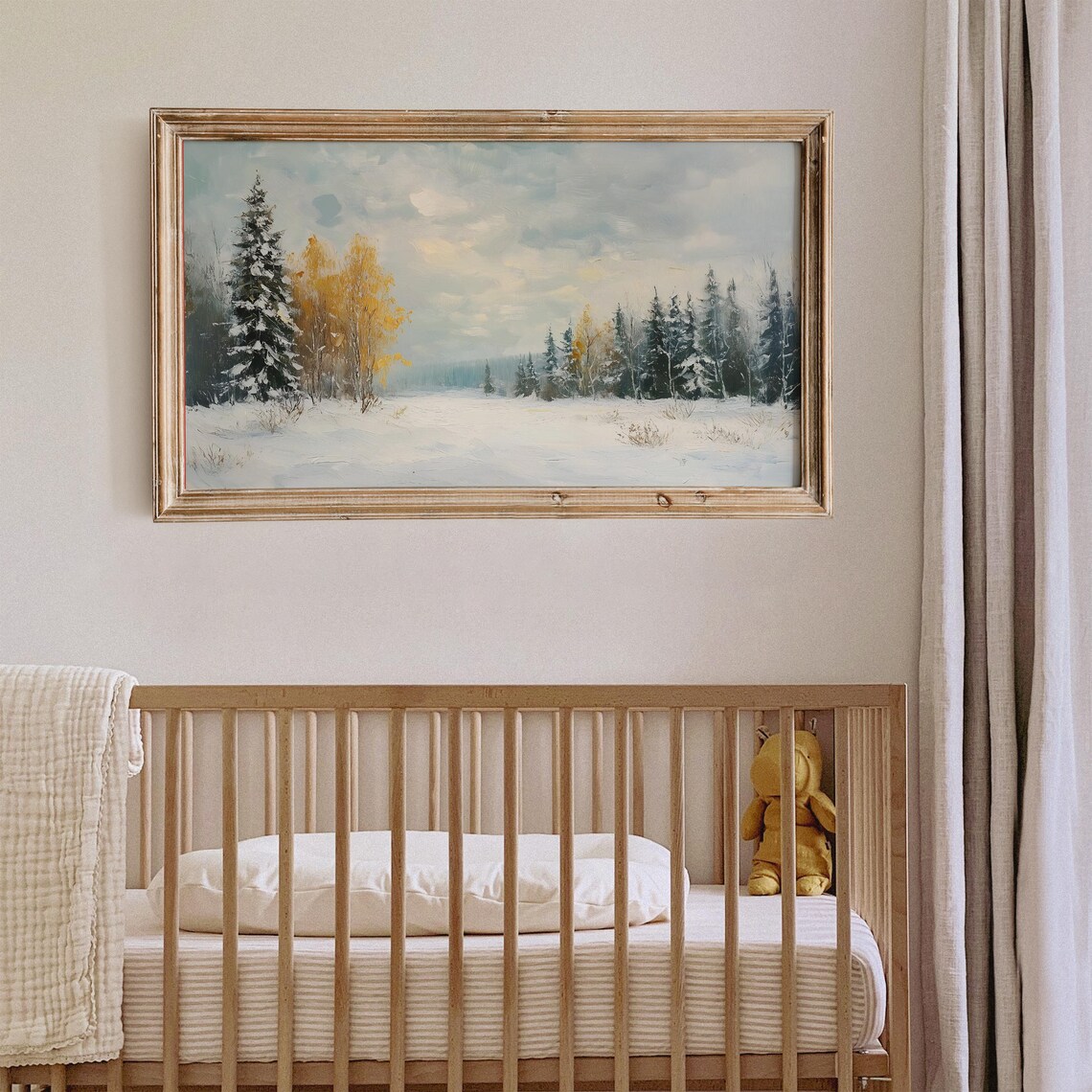 Snowy Pine Meadow Golden Birch Trees Winter Frame TV Art Poster - Image 2