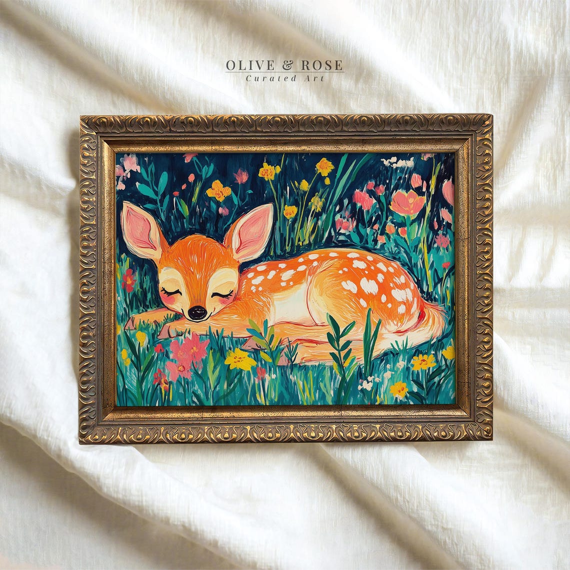 Sleeping Fawn in Wildflower Meadow Vibrant Woodland Nursery Wall Art