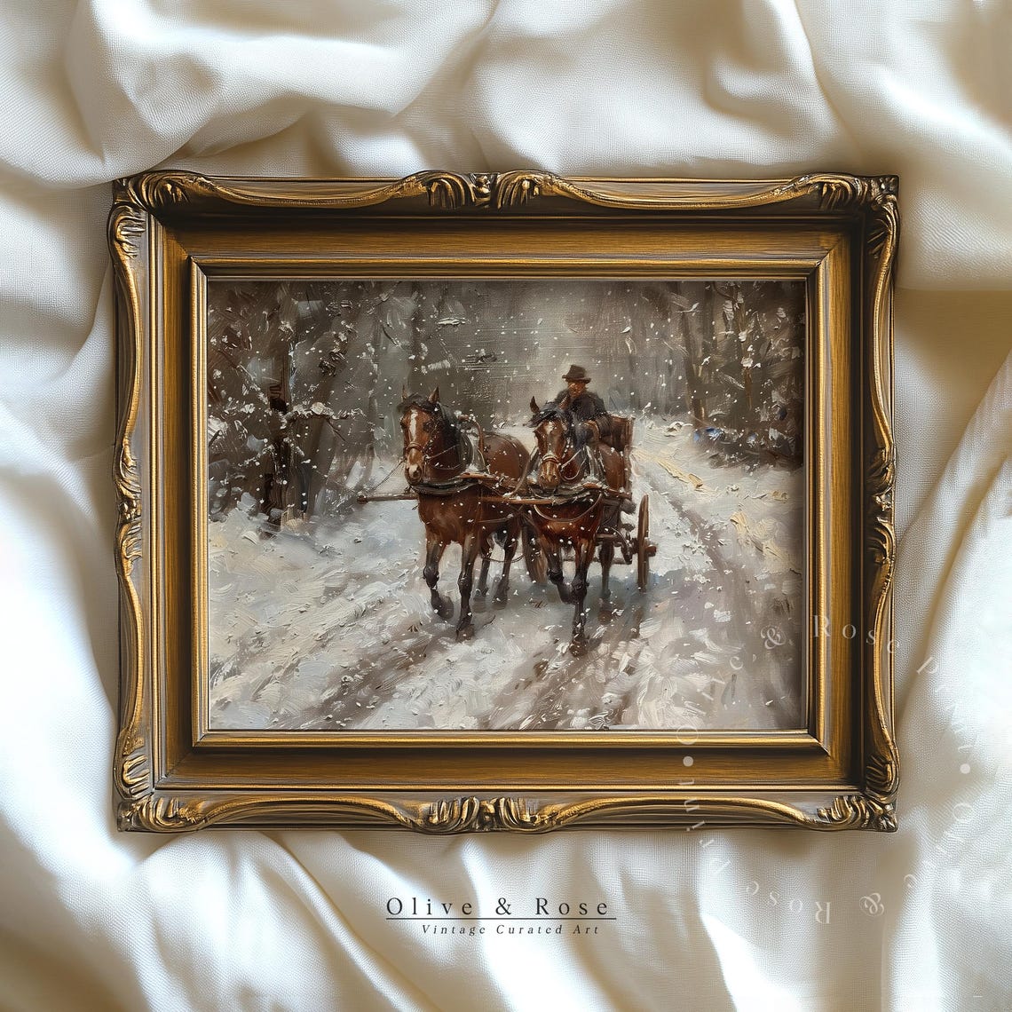 Vintage Horse Drawn Sleigh Snowy Forest Road Moody Winter Scene Poster