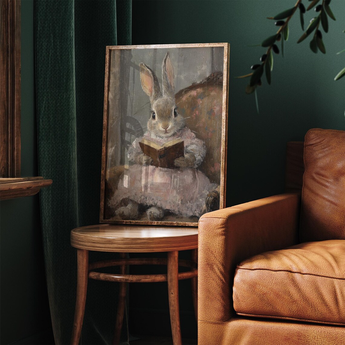 Bunny in Pink Dress Reading Book Floral Armchair Vintage Wall Art - Image 3