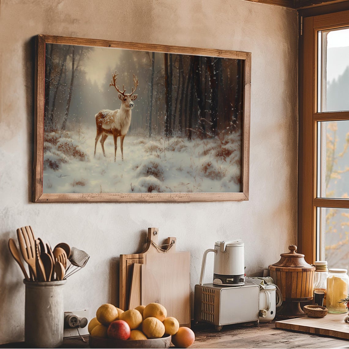 Vintage Reindeer In Snow Frame Tv Art Deer Oil Painting Winter Frame Tv Art Country Farmhouse Screensaver Woodland Animal - Image 3