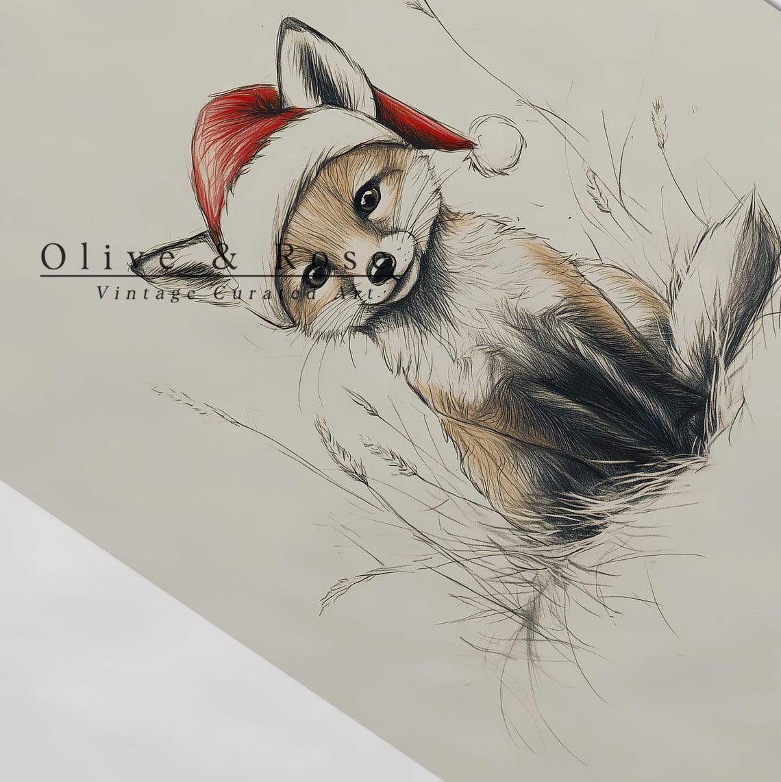 Cute Baby Fox With Santa Hat Sketch Neutral Christmas Nursery Wall Decor Vintage Winter Wall Art Fox Drawing Prints - Image 5