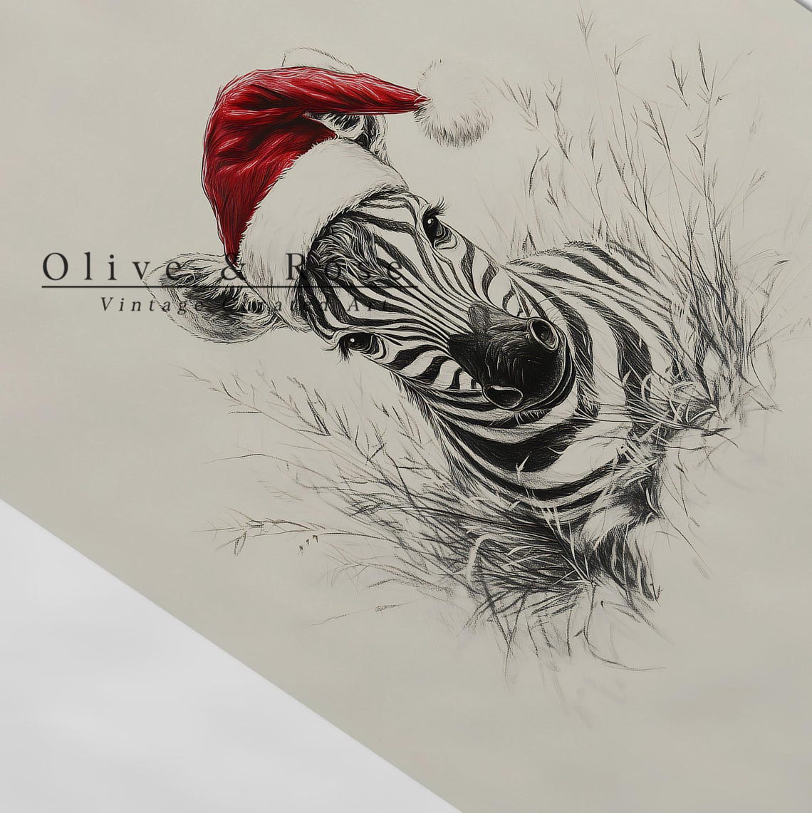 Cute Baby Zebra With Santa Hat Sketch Neutral Christmas Nursery Wall Decor Vintage Winter Wall Art Zebra Drawing Prints - Image 2