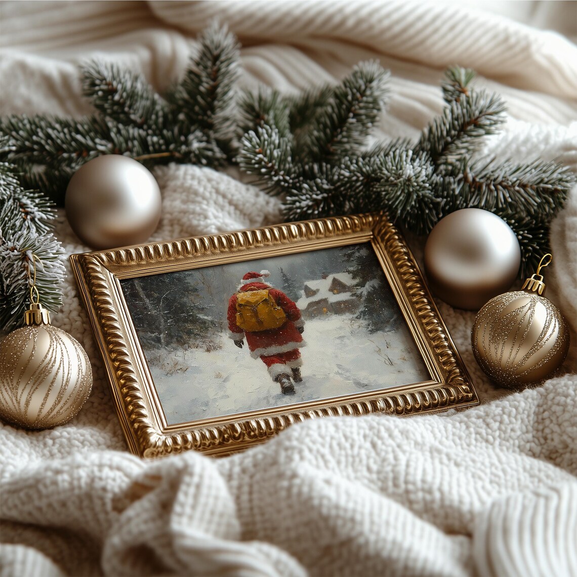 Vintage Santa Snowy Forest Walk Cabin Landscape Christmas Oil Poster - Image 4