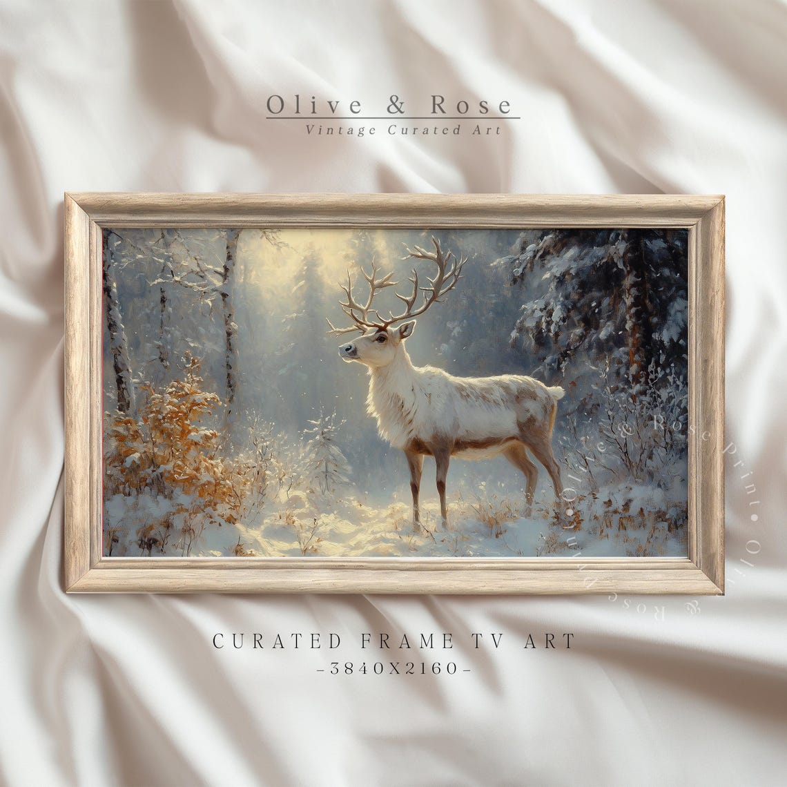 Vintage Reindeer In Snow Frame Tv Art Deer Oil Painting Winter Frame Tv Art Country Farmhouse Screensaver Woodland Animal
