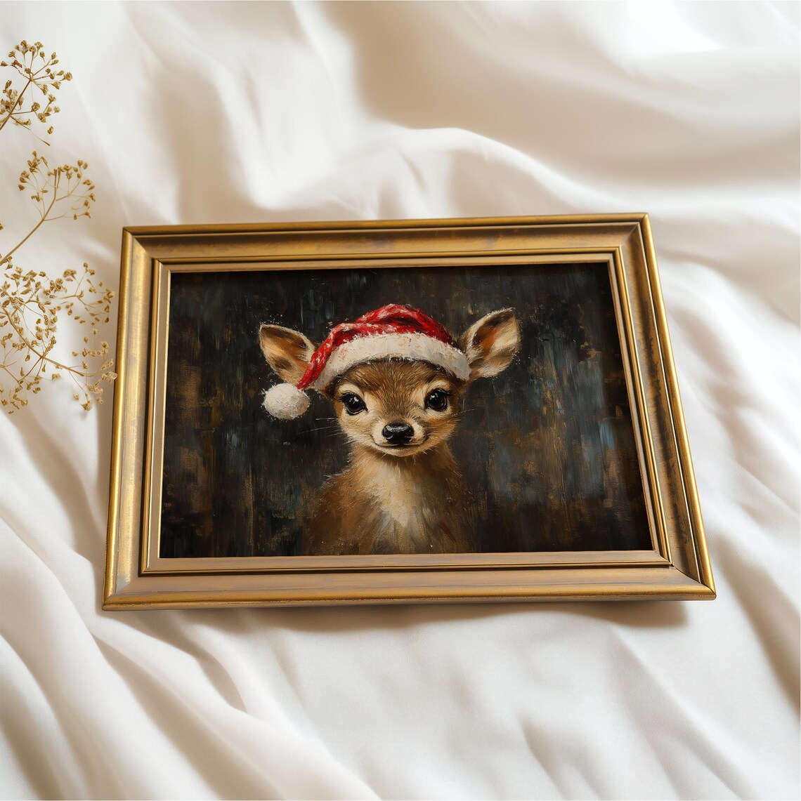 Cute Baby Deer Santa Hat Oil Painting Christmas Animal Wall Art Poster - Image 2