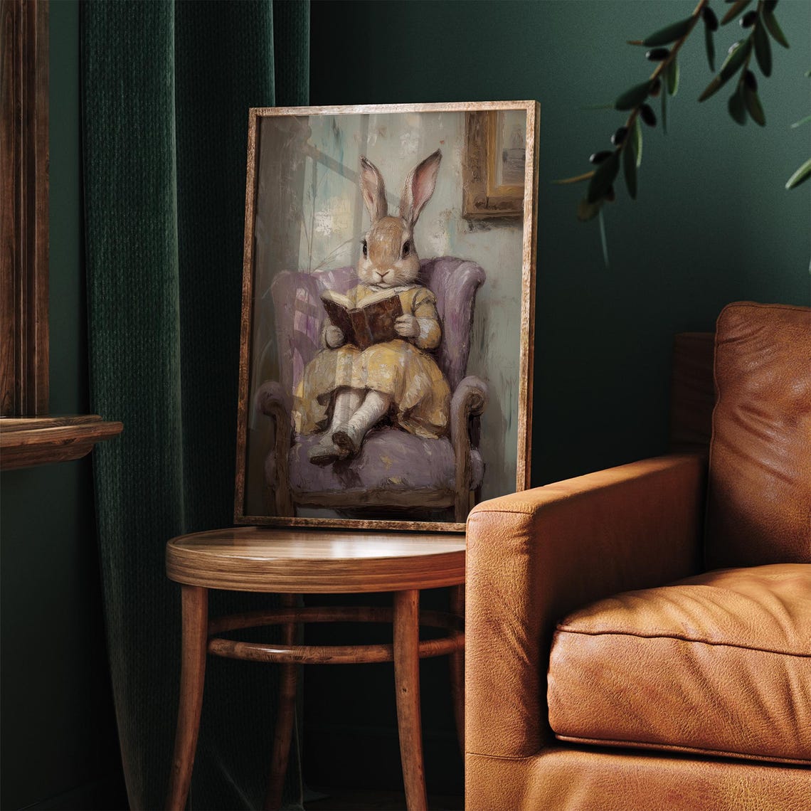 Vintage Easter Bunny Reading Book Print Cute Spring Rabbit In Yellow Dress Painting Wall Art Easter Nursery Decor Prints - Image 3