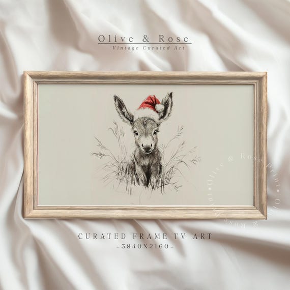 Vintage Donkey With Santa Hat Sketch Frame Tv Art Neutral Christmas Nursery Holiday Decor Winter Frame Tv Cute Baby Donkey Drawing