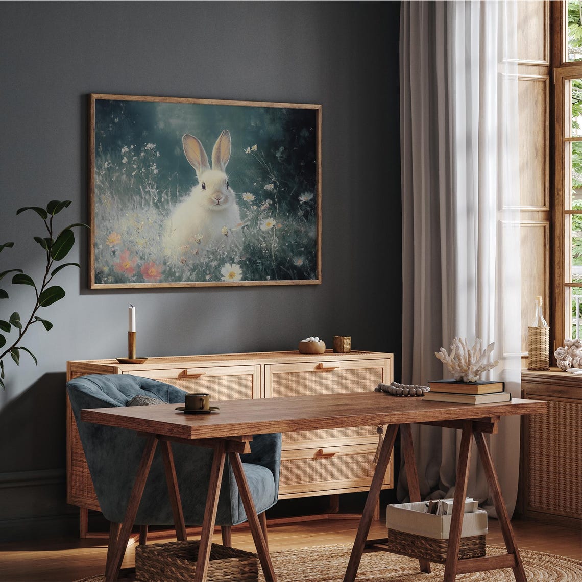 Vintage Easter Bunny In Wildflower Meadow Print Cute Rabbit Painting Art Moody Neutral Spring Decor Sage Green Prints - Image 3