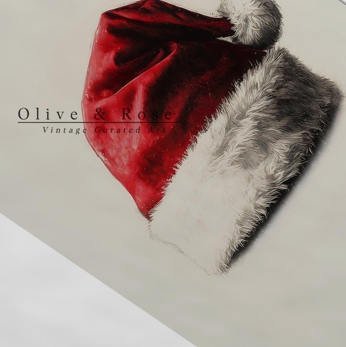 Vintage Santa Hat Sketch Minimal Neutral Christmas Art Print Poster - Image 5