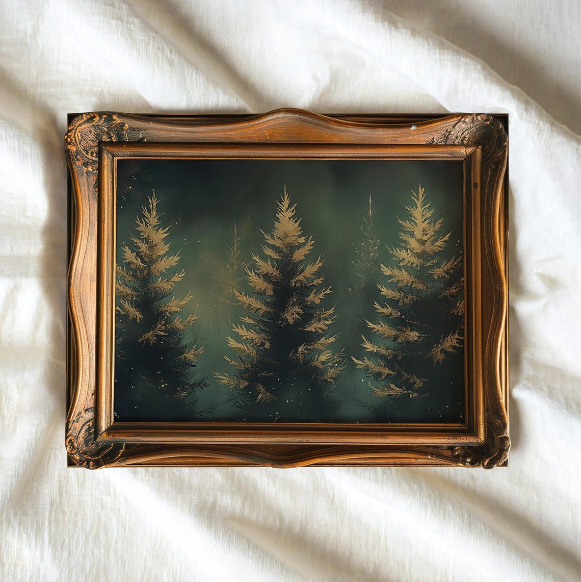 Golden Evergreen Forest Moody Dark Green Winter Trees Vintage Poster - Image 3