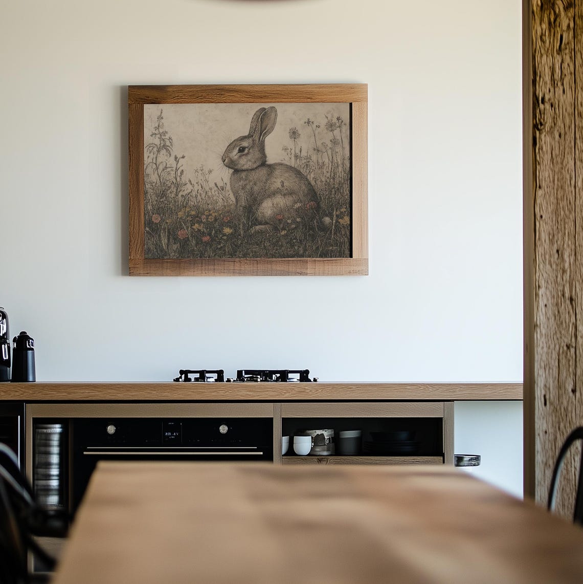 Vintage Easter Bunny In Wildflower Meadow Print Cute Rabbit Painting Wall Art Neutral Bunny Spring Decor Beige Prints - Image 2