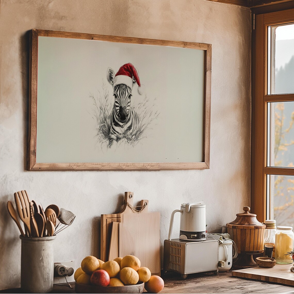 Cute Baby Zebra In Santa Hat Sketch Neutral Christmas Nursery Poster - Image 3