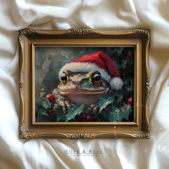 Vintage Christmas Frog Print Cute Toad In Santa Hat Painting Print Winter Holiday Wall Art Dark Xmas Festive Wall Decor