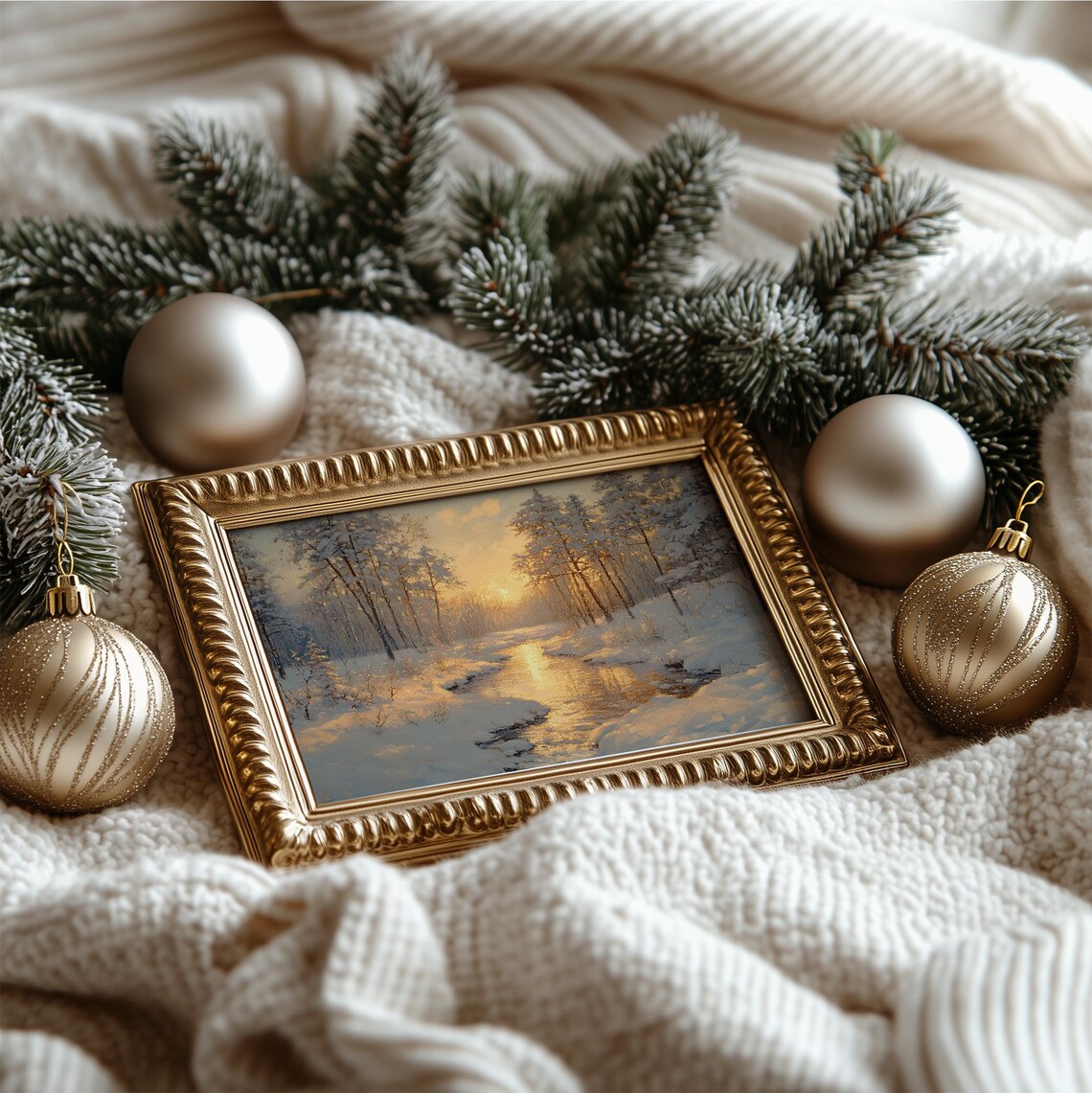 Golden Sunrise Frozen River Snowy Pine Forest Winter Landscape Poster - Image 4