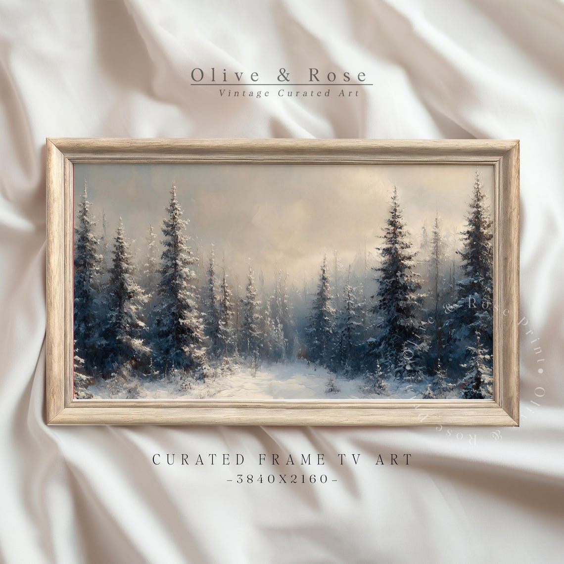 Blue Snowy Pine Forest Dawn Winter Wonderland Vintage Painting Poster
