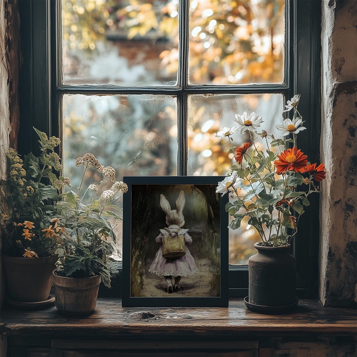 Bunny Girl In Pink Dress With Backpack Forest Path Storybook Poster - Image 2