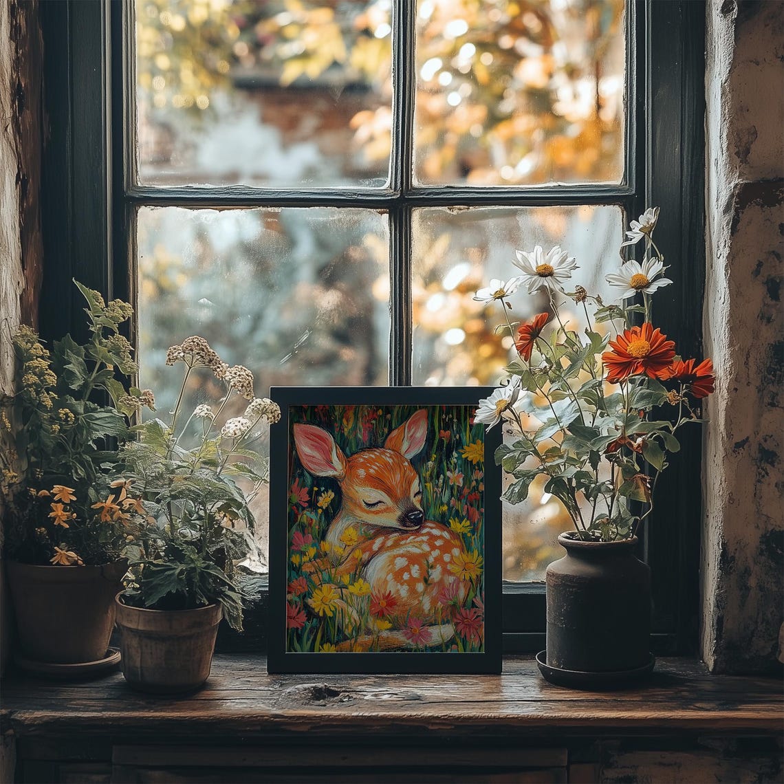 Sleeping Fawn Curled in Wildflower Meadow Vibrant Nursery Wall Art - Image 2