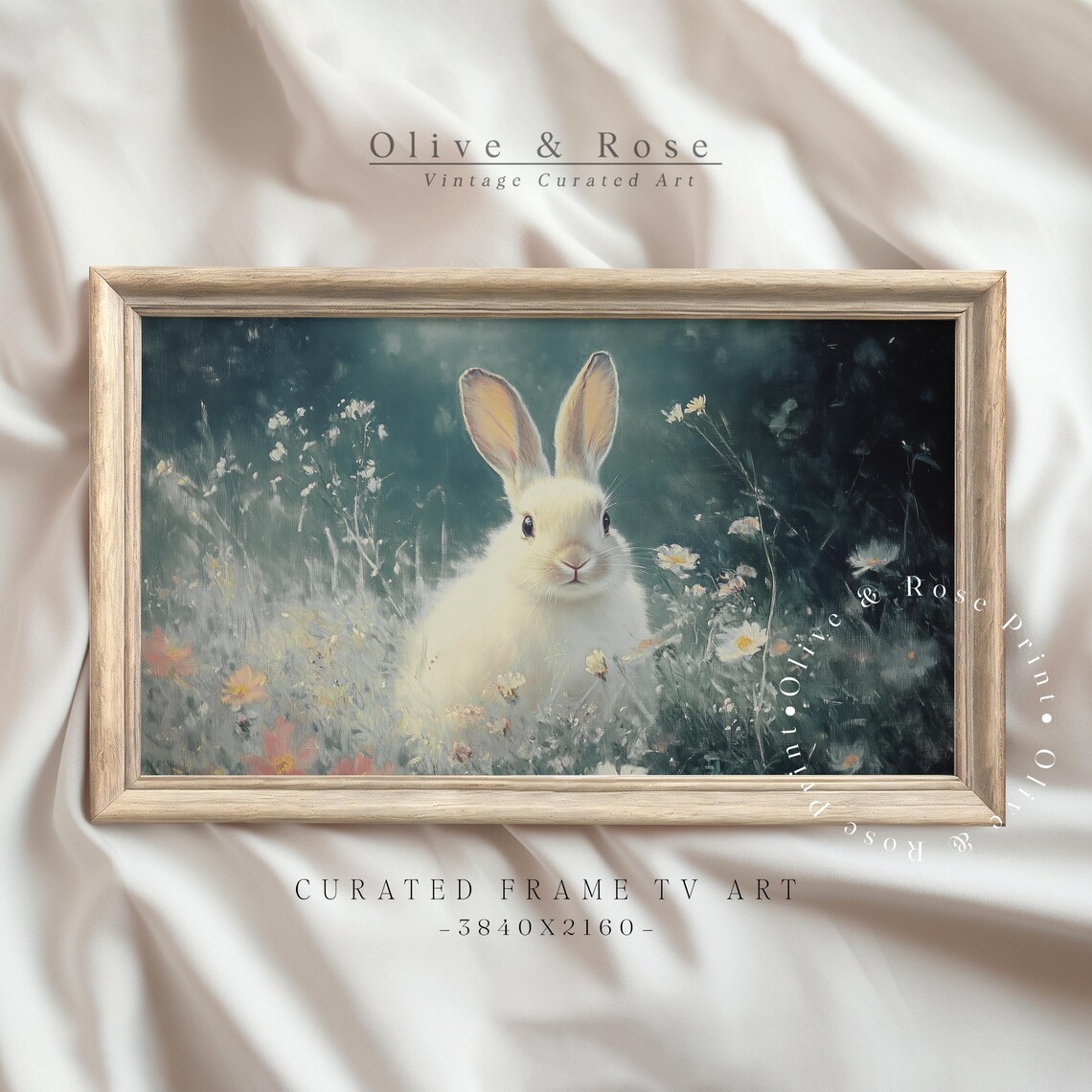 White Rabbit In Moody Sage Wildflower Meadow Watercolor Spring Poster