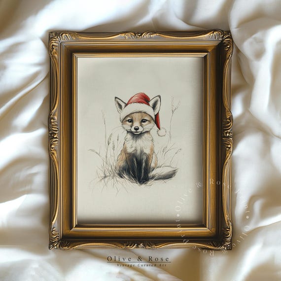 Cute Baby Fox With Santa Hat Sketch Neutral Christmas Nursery Wall Decor Vintage Winter Wall Art Fox Drawing Prints