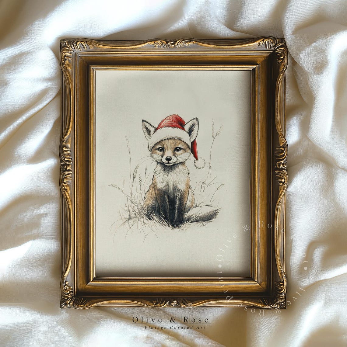Cute Baby Fox With Santa Hat Sketch Neutral Christmas Nursery Wall Decor Vintage Winter Wall Art Fox Drawing Prints