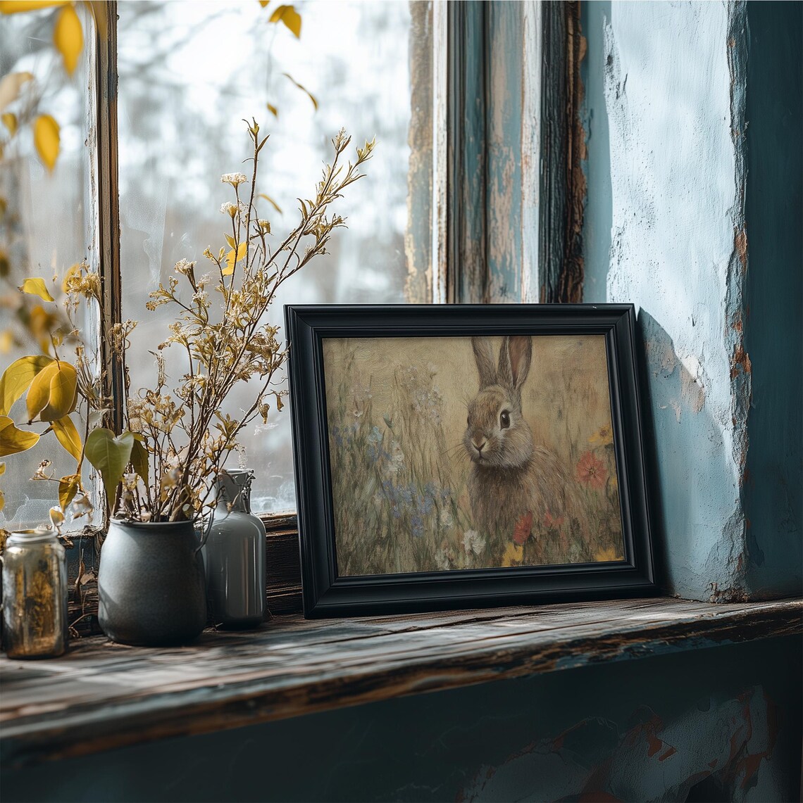 Brown Bunny Among Wildflowers Golden Impressionist Spring Nursery Wall Art - Image 4