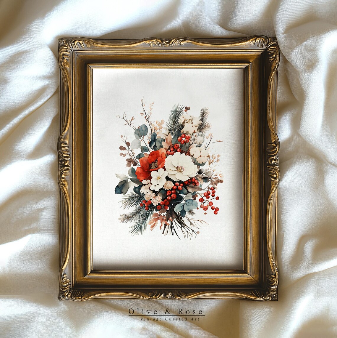 Vintage Winter Floral Bouquet Red Berries Eucalyptus Holiday Wall Art - Image 2