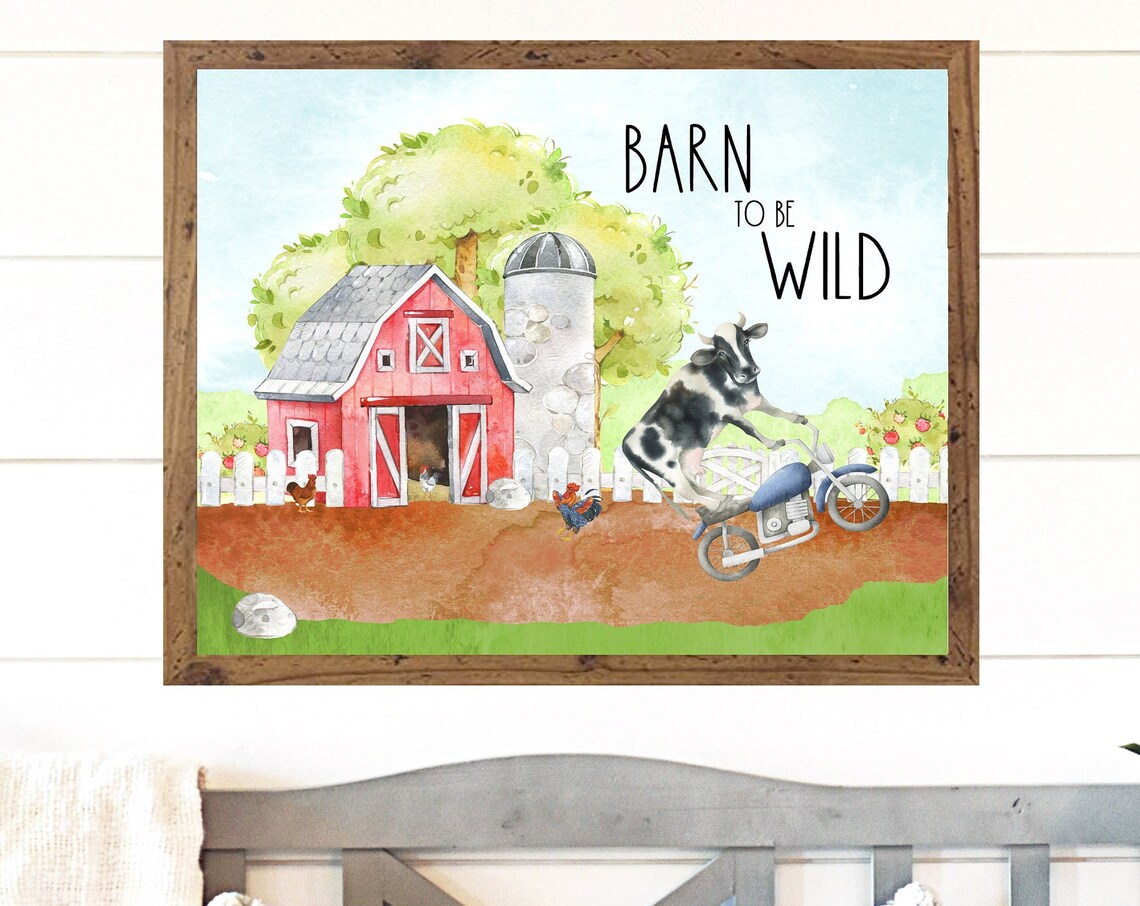 Barn to Be Wild Cow Riding a Motorcycle Funny Farm Art Poster