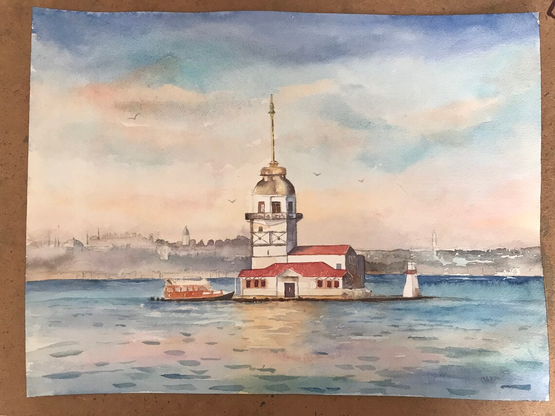 Istanbul Maiden's Tower at Sunset Over Bosphorus Watercolor Poster - Image 2